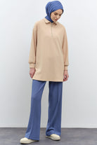 Nervür Detaylı Bel Lastikli Örme Pantolon - İndigo TUGBA