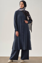 Nervür Detaylı Uzun Tunik - Lacivert TUGBA