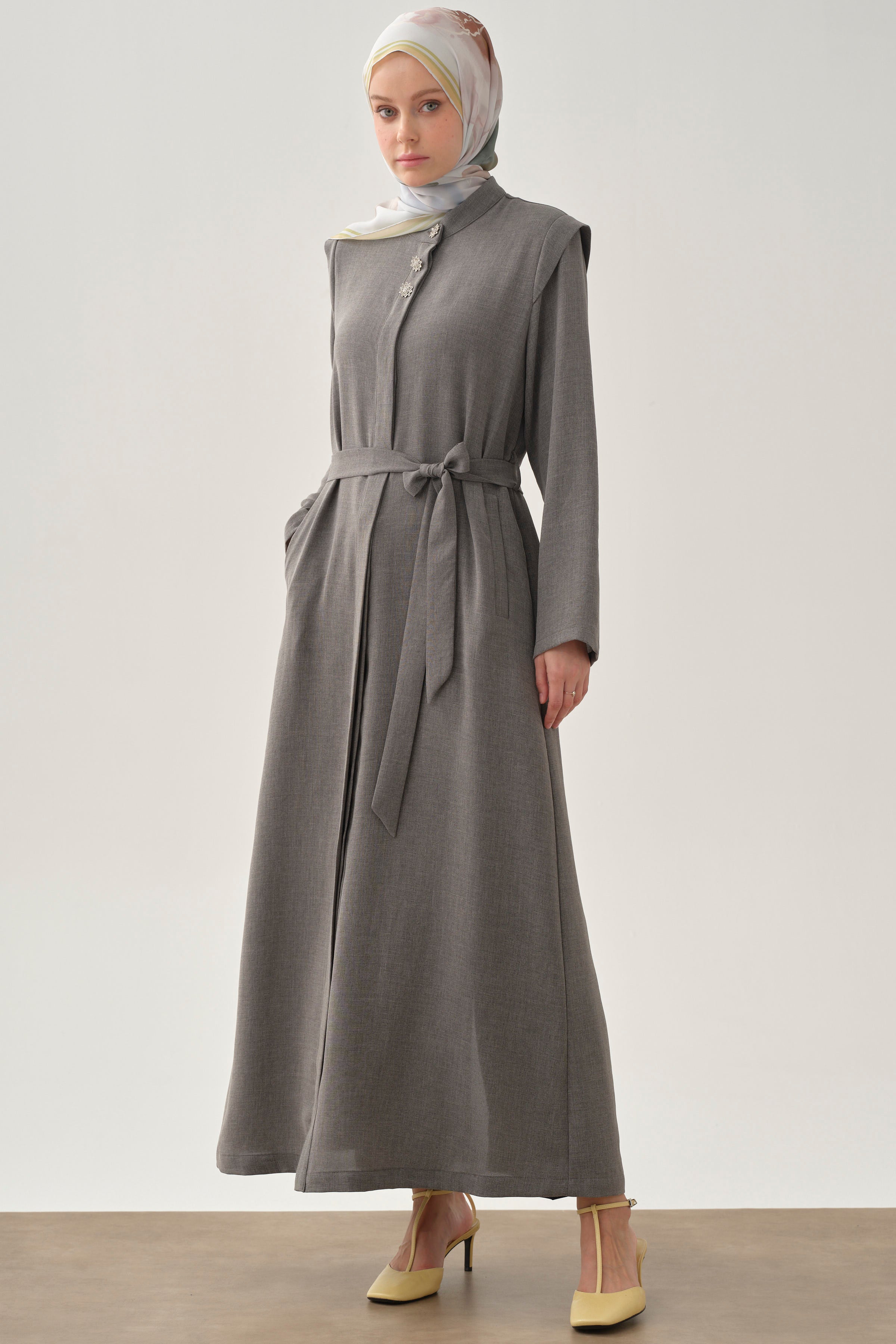 Belted Abaya with Shoulder Straps - Anthracite – TUĞBA