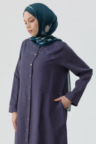 Omuz Nakış Detaylı Uzun Tunik - İndigo TUGBA