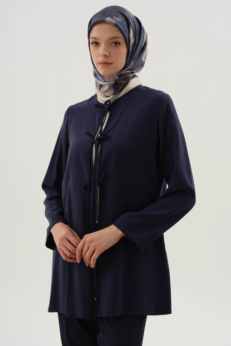 Önden Biye Bağlamalı Kimono - Lacivert TUGBA