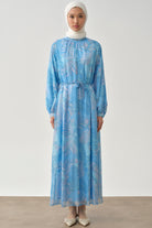 Örgü Kemerli Desenli Şifon Elbise - Mavi TUGBA