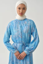 Örgü Kemerli Desenli Şifon Elbise - Mavi TUGBA