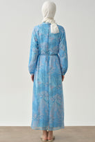 Örgü Kemerli Desenli Şifon Elbise - Mavi TUGBA