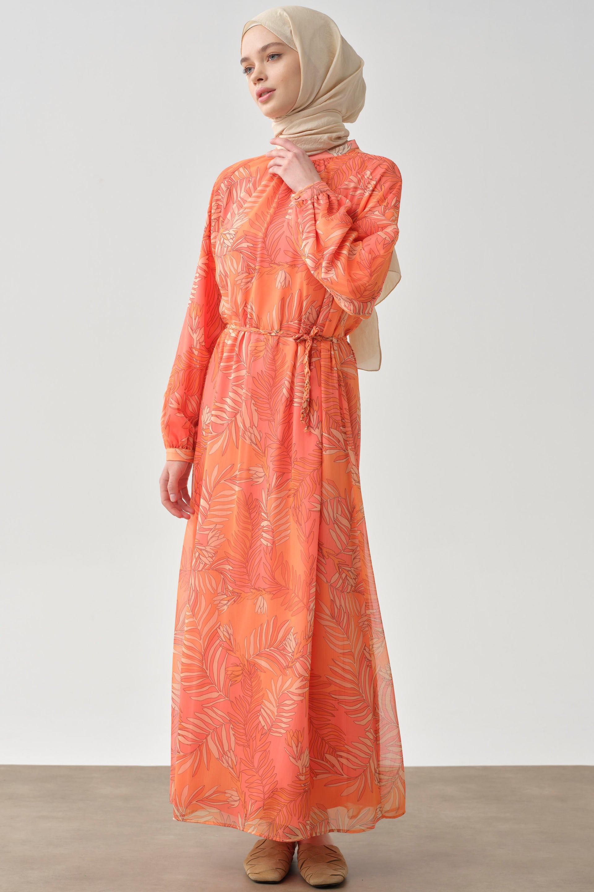 Knitted Belted Patterned Chiffon Dress