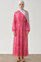 Örgü Kemerli Desenli Şifon Elbise - Pembe TUGBA