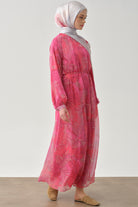 Örgü Kemerli Desenli Şifon Elbise - Pembe TUGBA