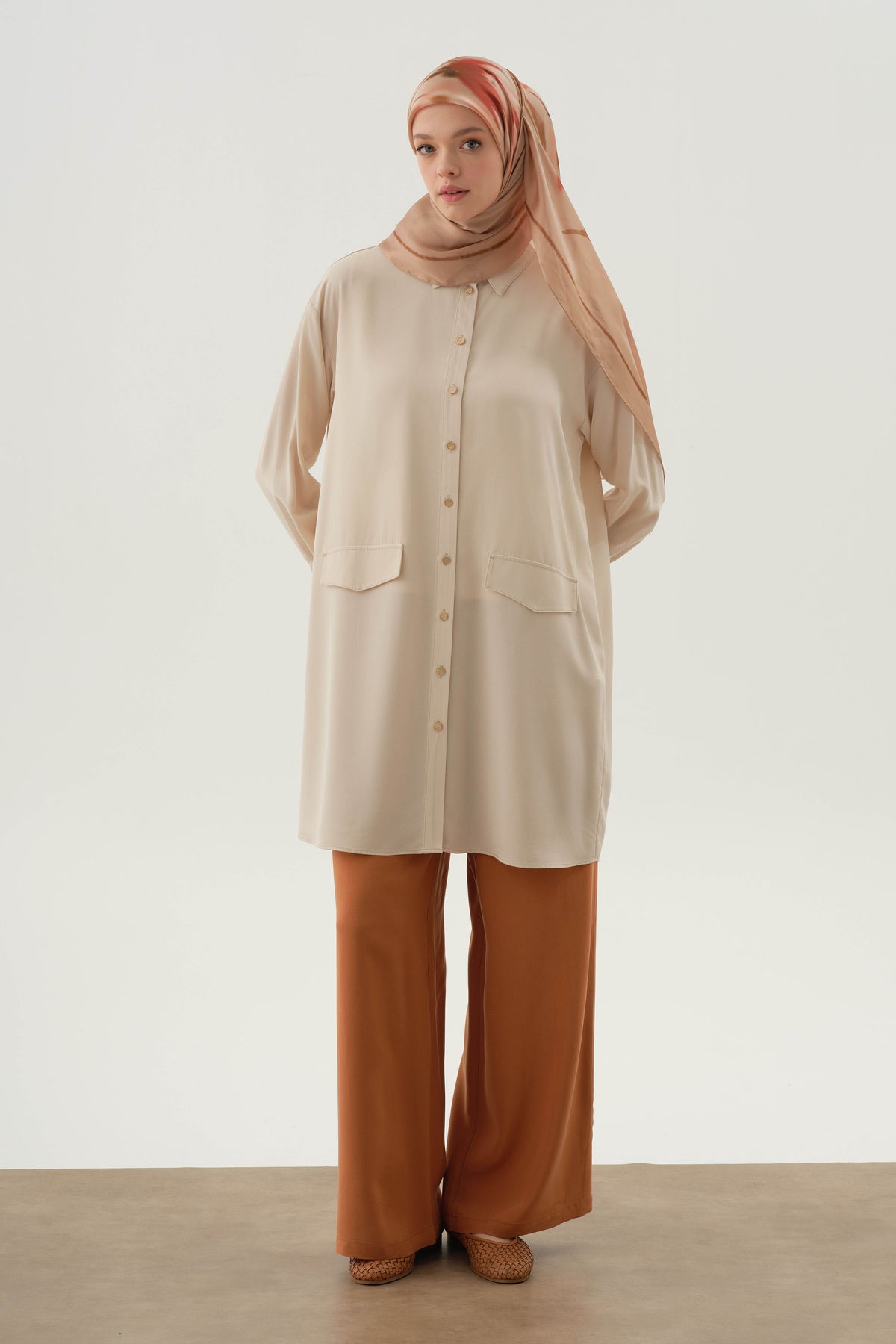 Long Tunic Set with Knitted Blouse - Beige