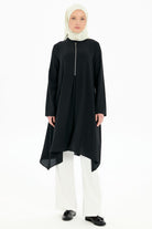 Pile Detaylı Asimetrik Kesim Tunik - Siyah TUGBA