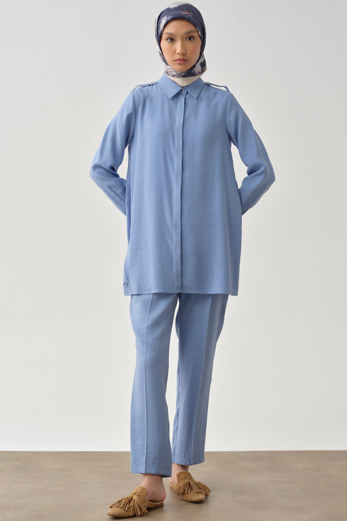 Pile Detaylı Pantolon - Mavi TUGBA