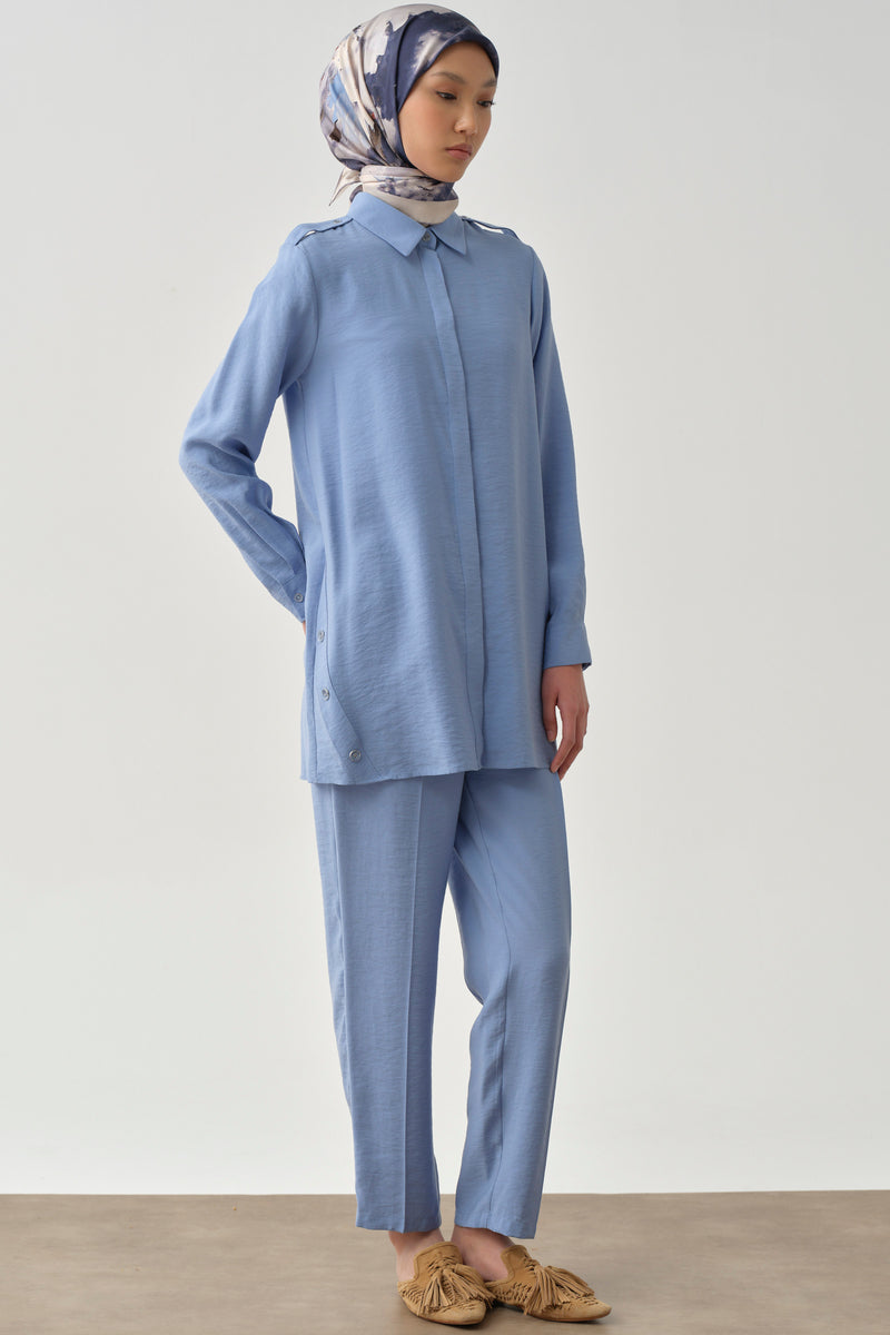 Pile Detaylı Pantolon - Mavi TUGBA