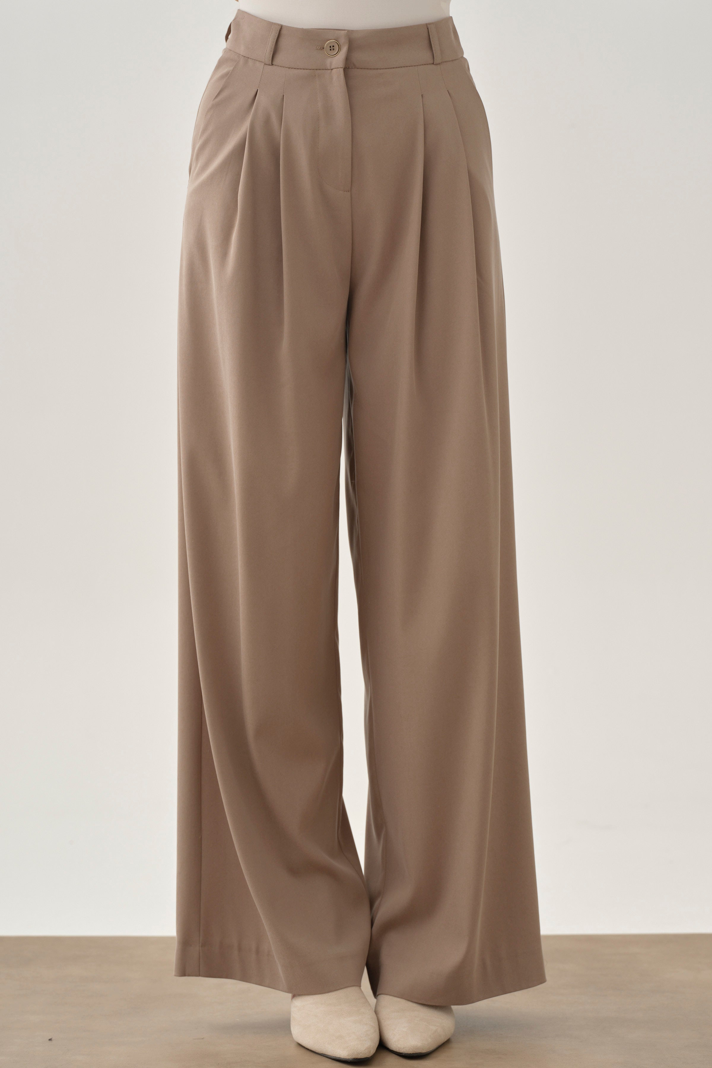 Pileli Bol Paça Pantolon - Vizon TUGBA