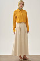 Pileli İnce Kemerli Etek - Ekru TUGBA