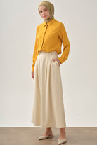 Pileli İnce Kemerli Etek - Ekru TUGBA