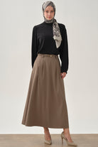 Pileli İnce Kemerli Etek - Vizon TUGBA