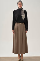 Pileli İnce Kemerli Etek - Vizon TUGBA