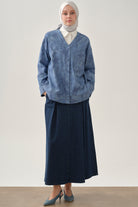 Plikaşeli Denim Etek - İndigo TUGBA