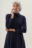 Plikaşeli Elbise - Lacivert TUGBA