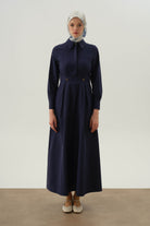 Plikaşeli Elbise - Lacivert TUGBA