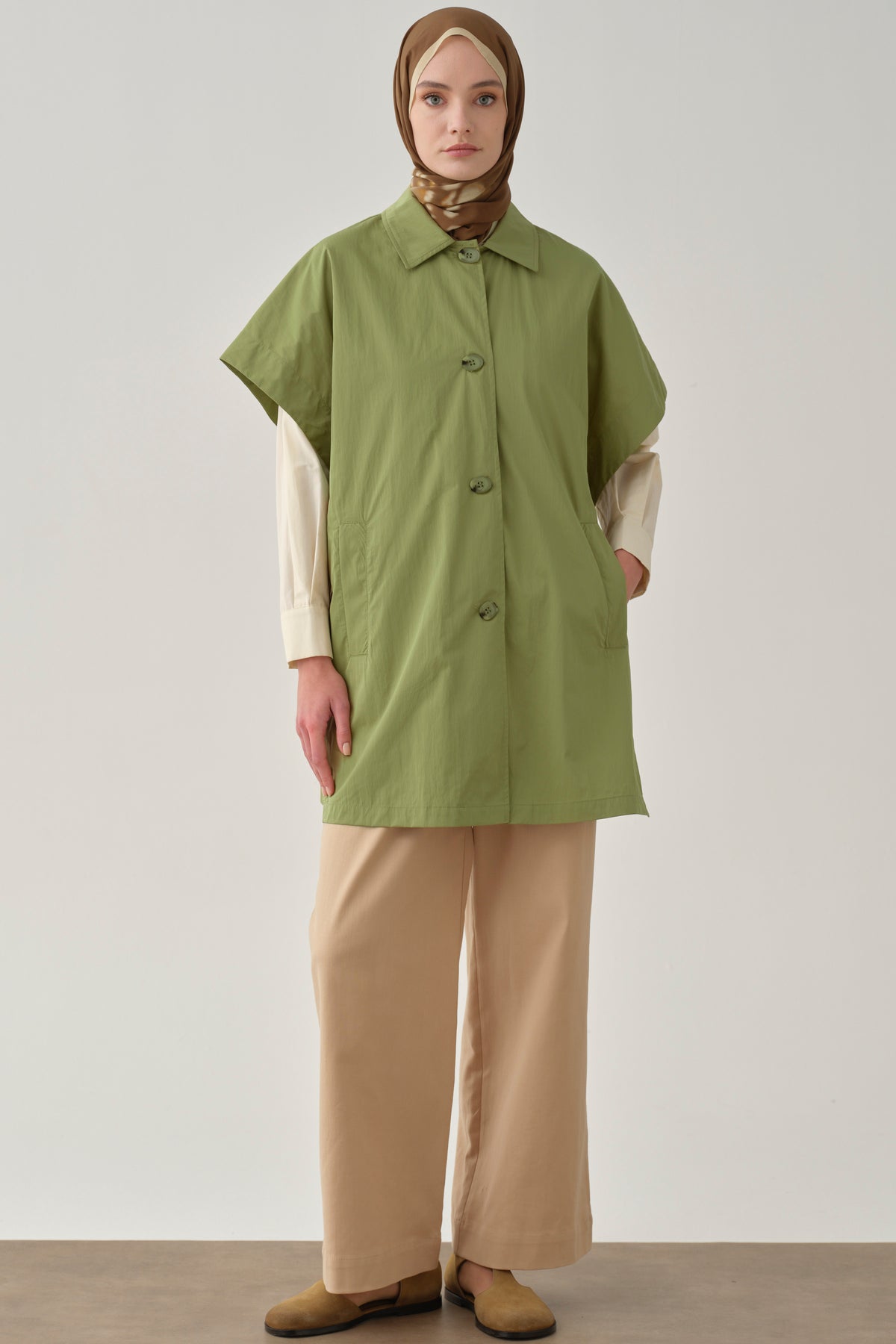 Polo Yaka Düğmeli Panço - Olive
