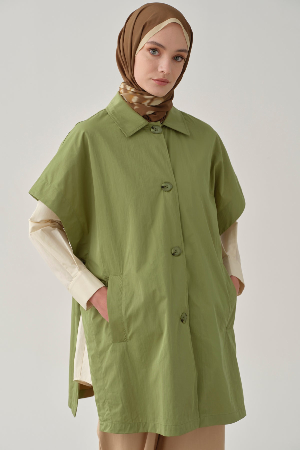 Polo Yaka Düğmeli Panço - Olive TUGBA