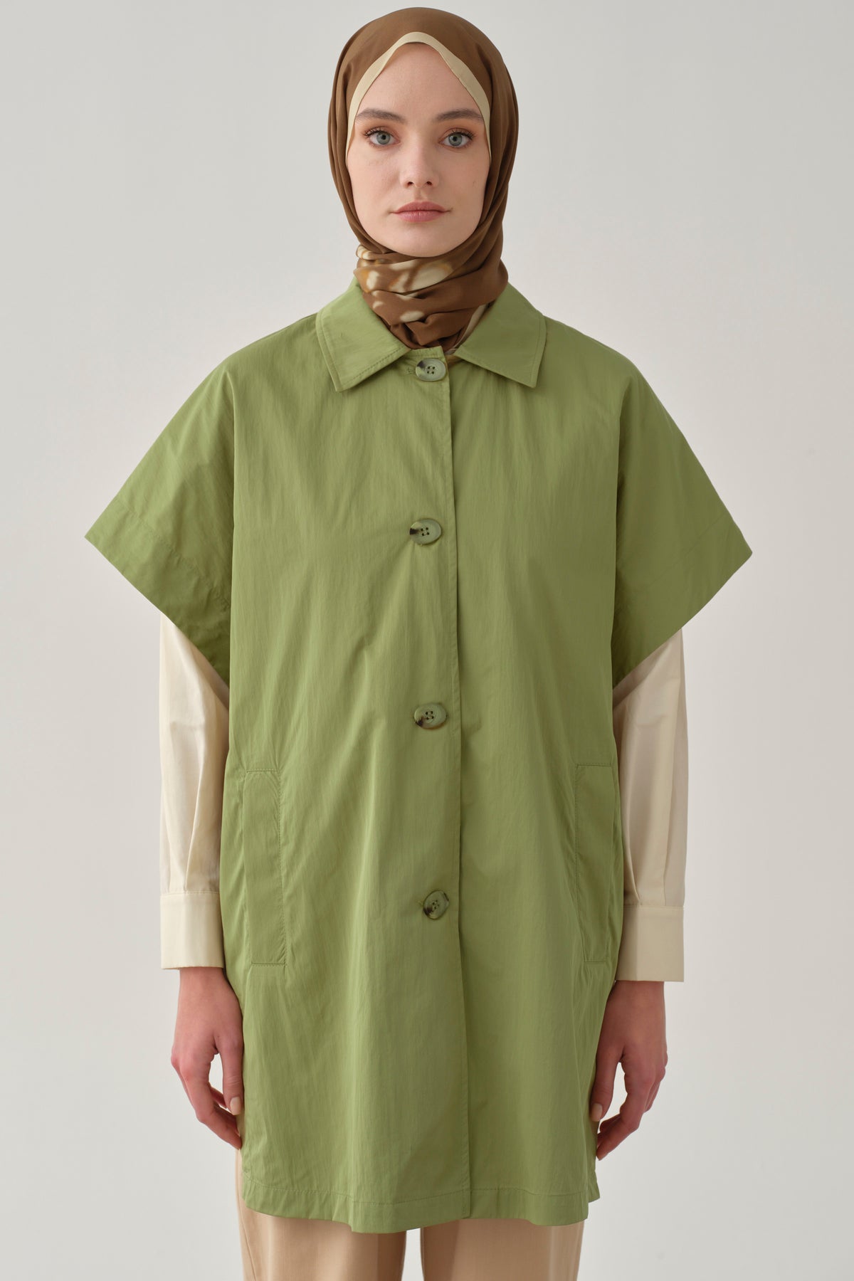 Polo Yaka Düğmeli Panço - Olive TUGBA