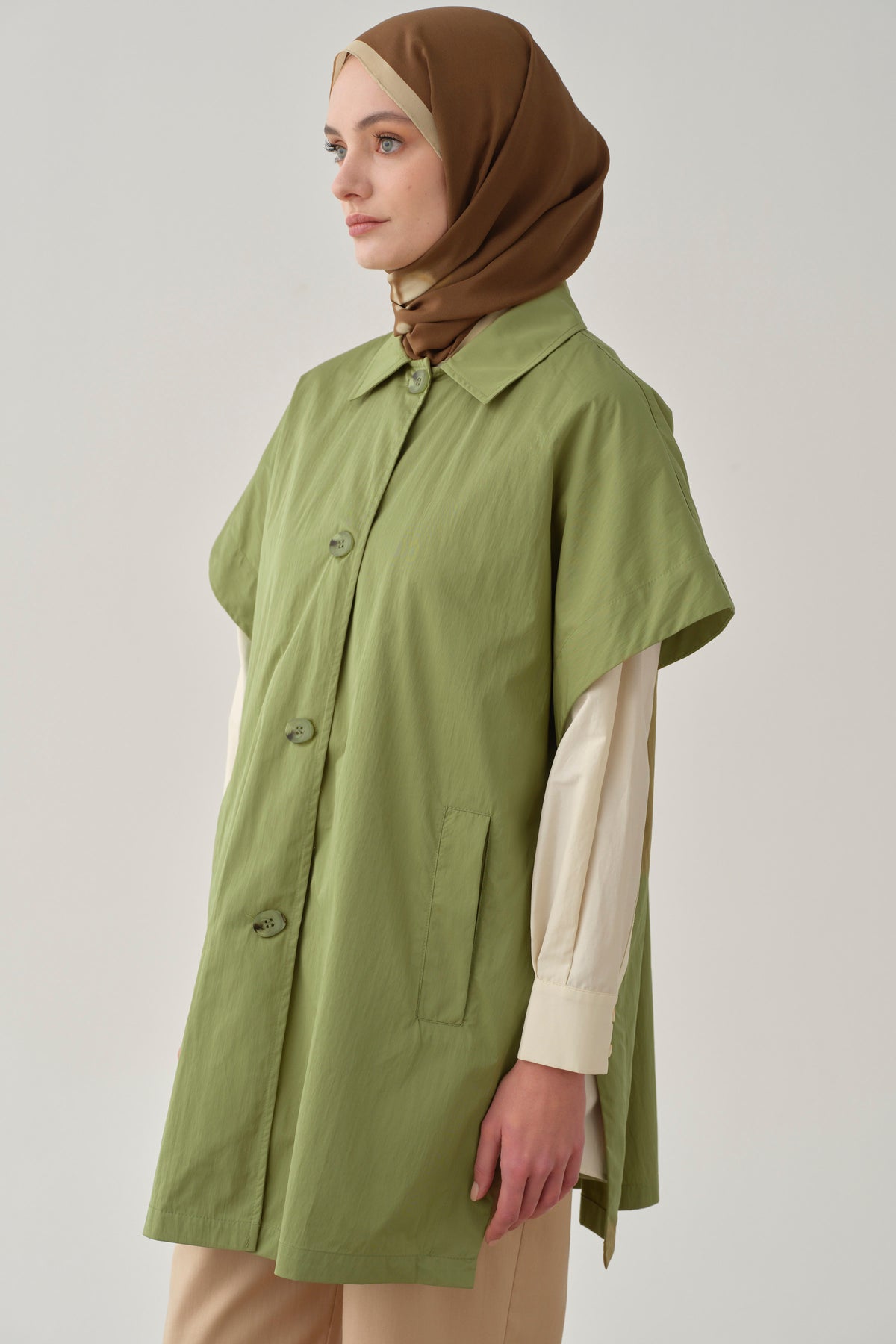 Polo Yaka Düğmeli Panço - Olive TUGBA