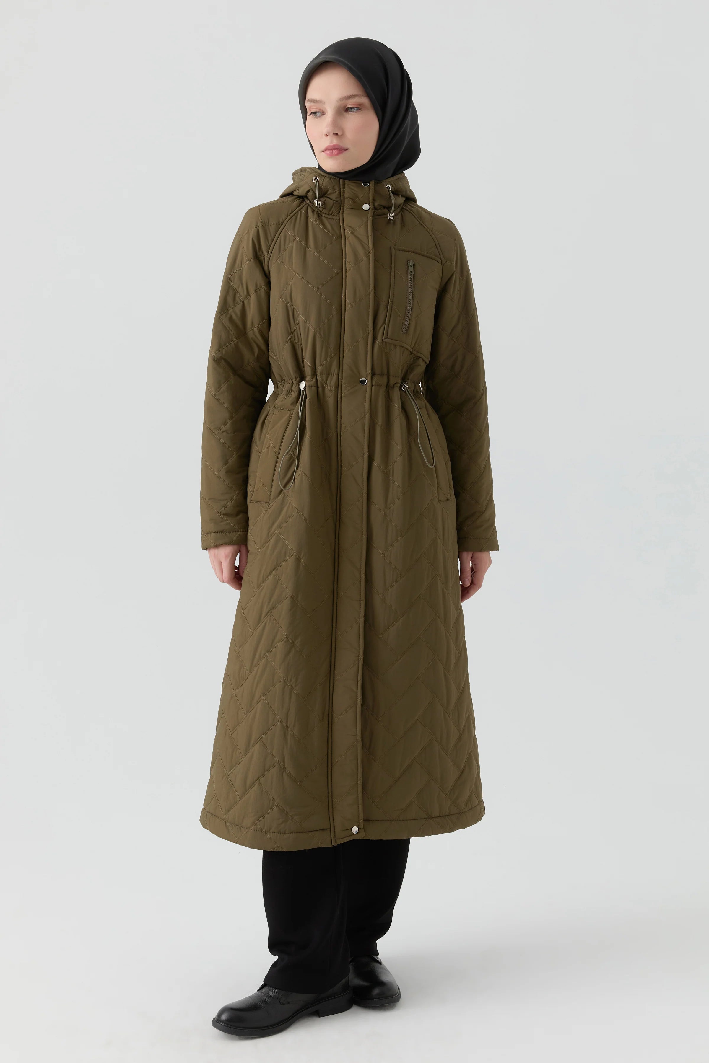 Lastik Detaylı Kapitone Kaban - Haki TUGBA