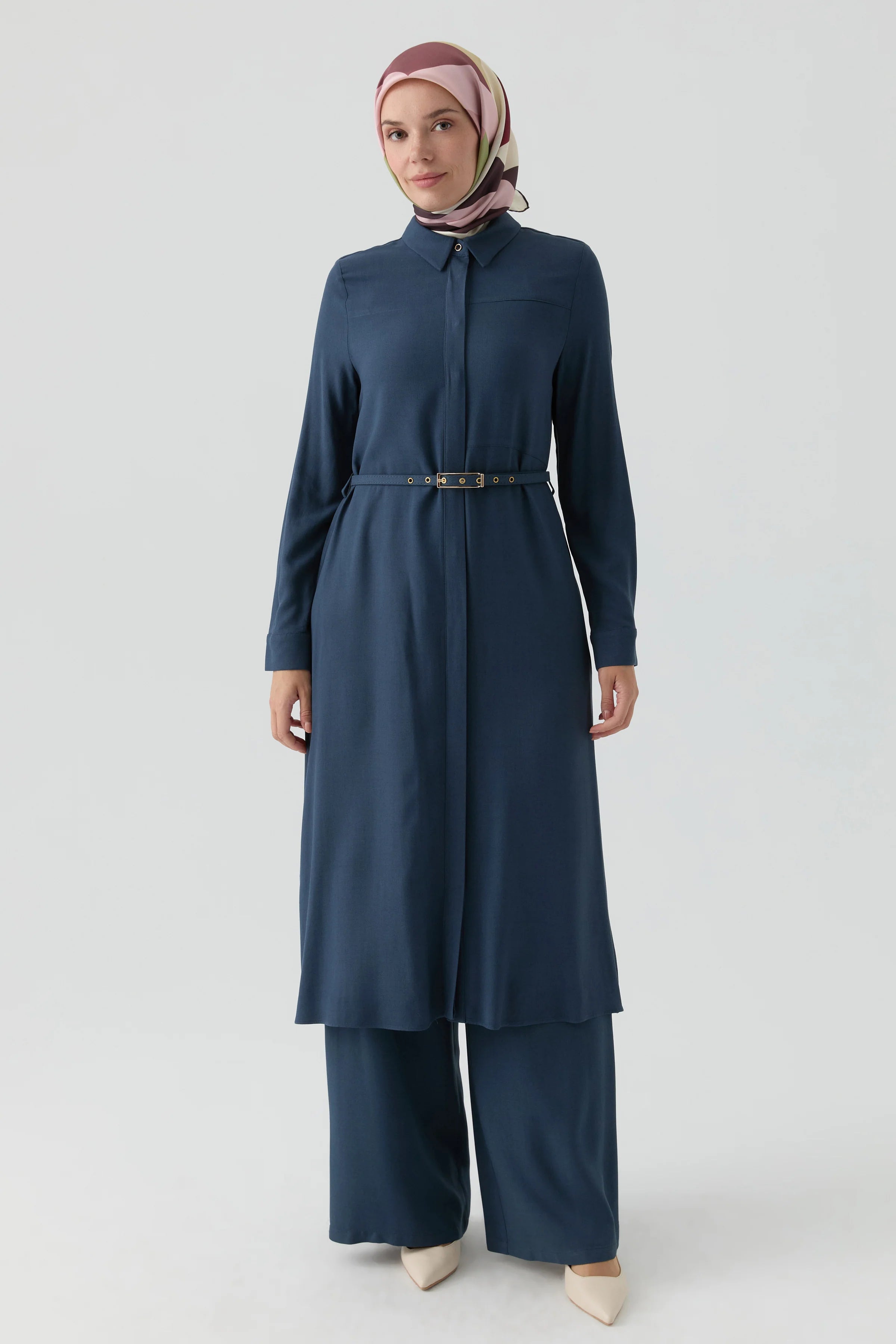 Yırtmaçlı Kemerli Uzun Tunik - İndigo TUGBA