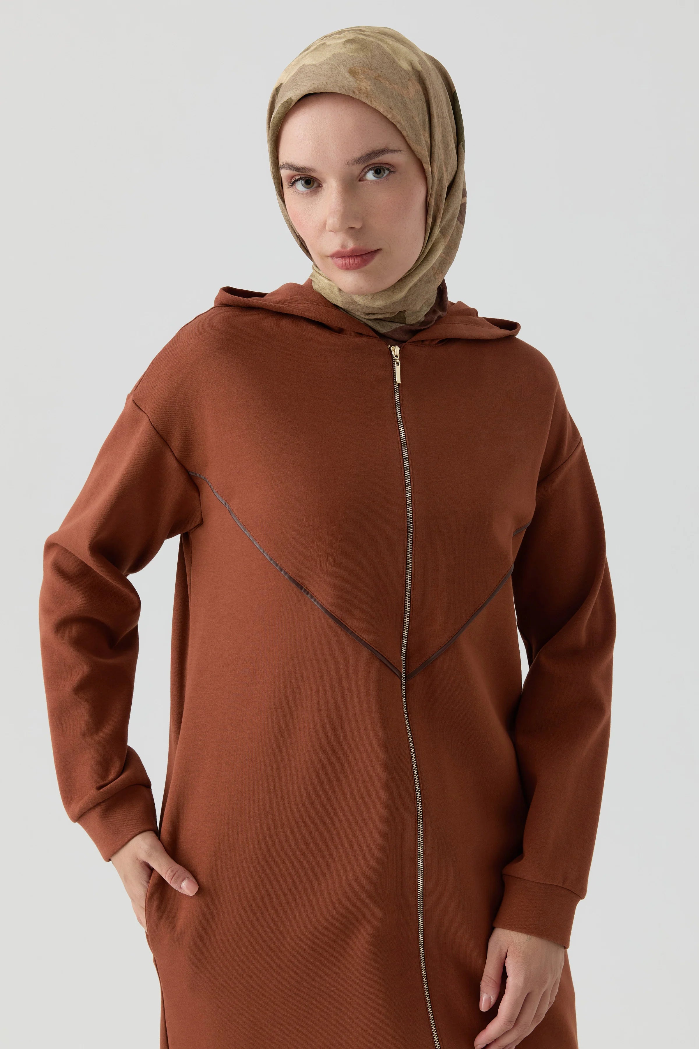 Deri Biye Detaylı Örme Giy-Çık - Kahve TUGBA