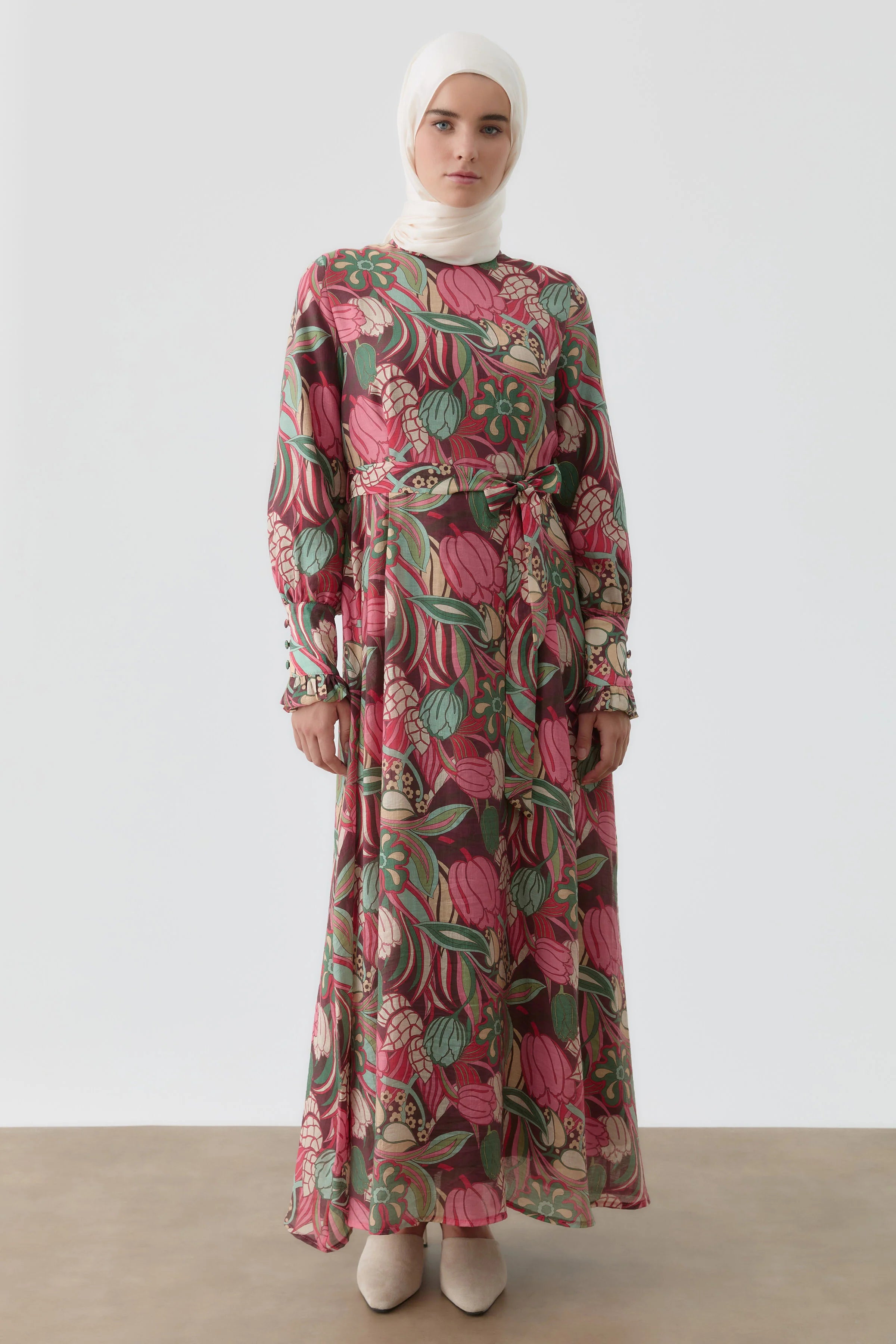 Fırfırlı Çiçek Desenli Elbise - Pembe TUGBA