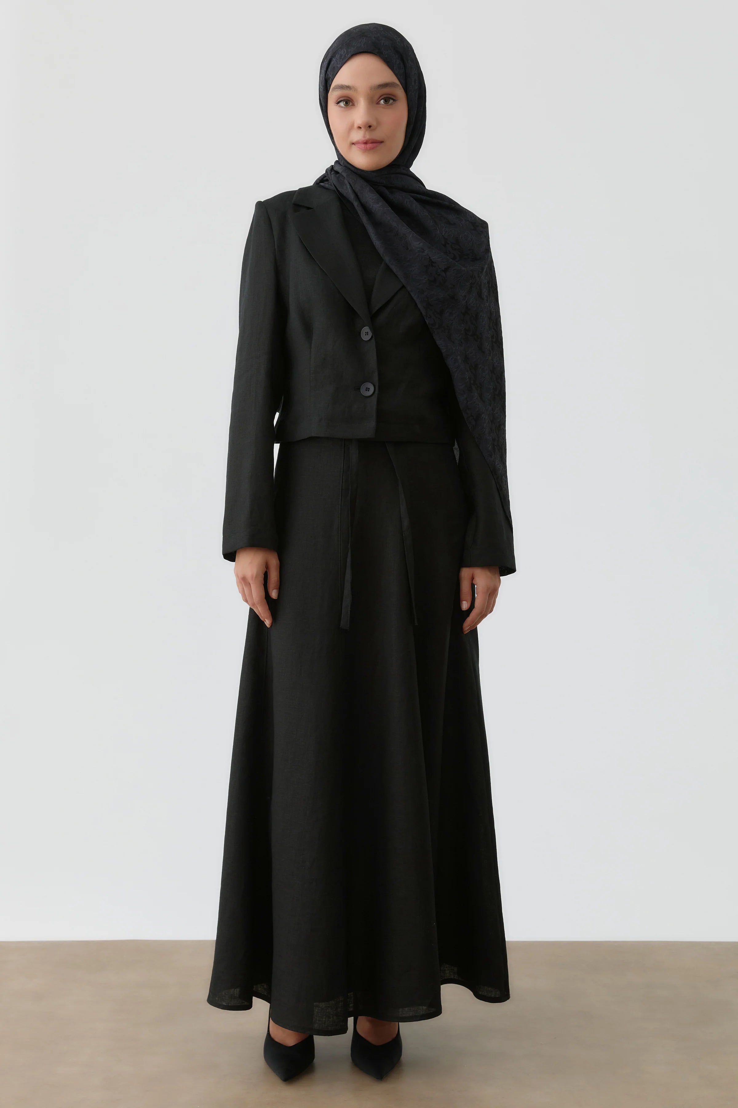 Crop Ceket Etekli Keten Takım - Siyah TUGBA