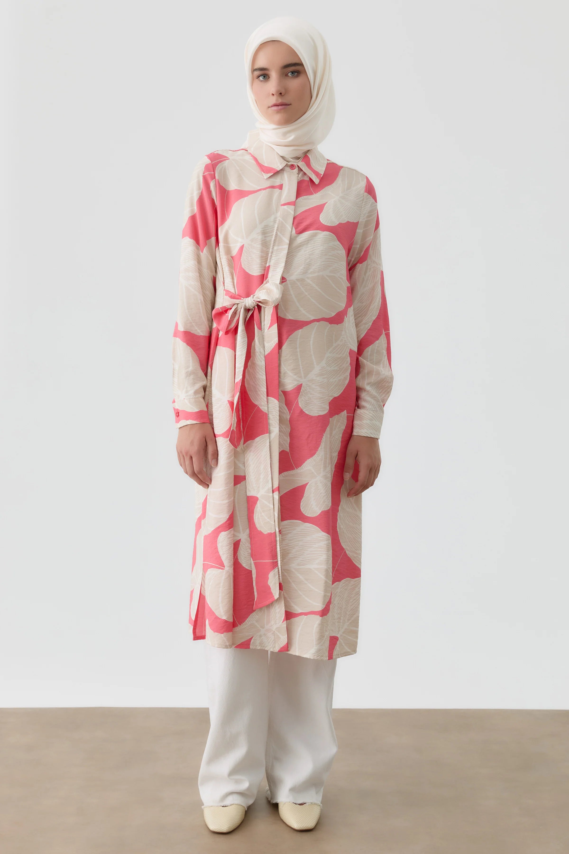 Kendinden Kemerli Desenli Tunik - Pembe TUGBA