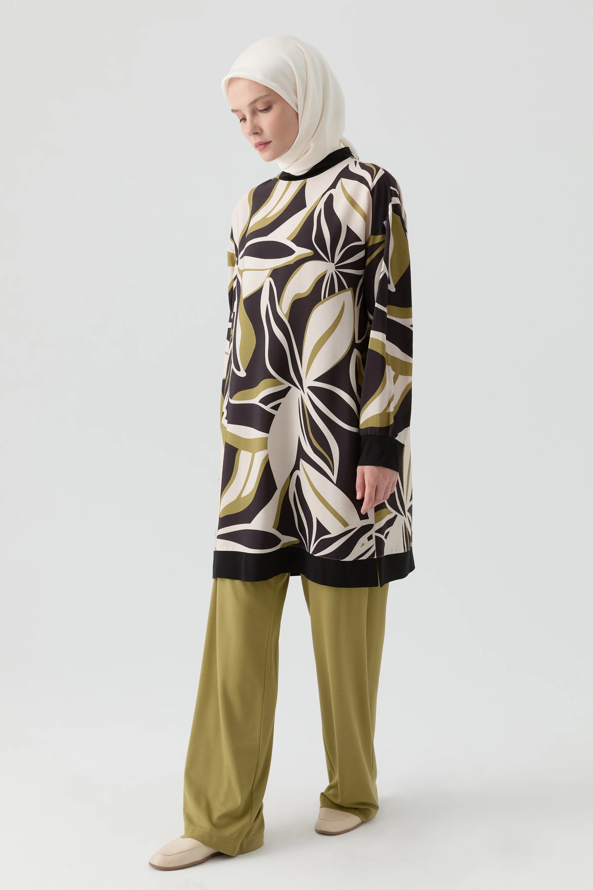 Örme Kombinli Desenli Tunik - Olive TUGBA