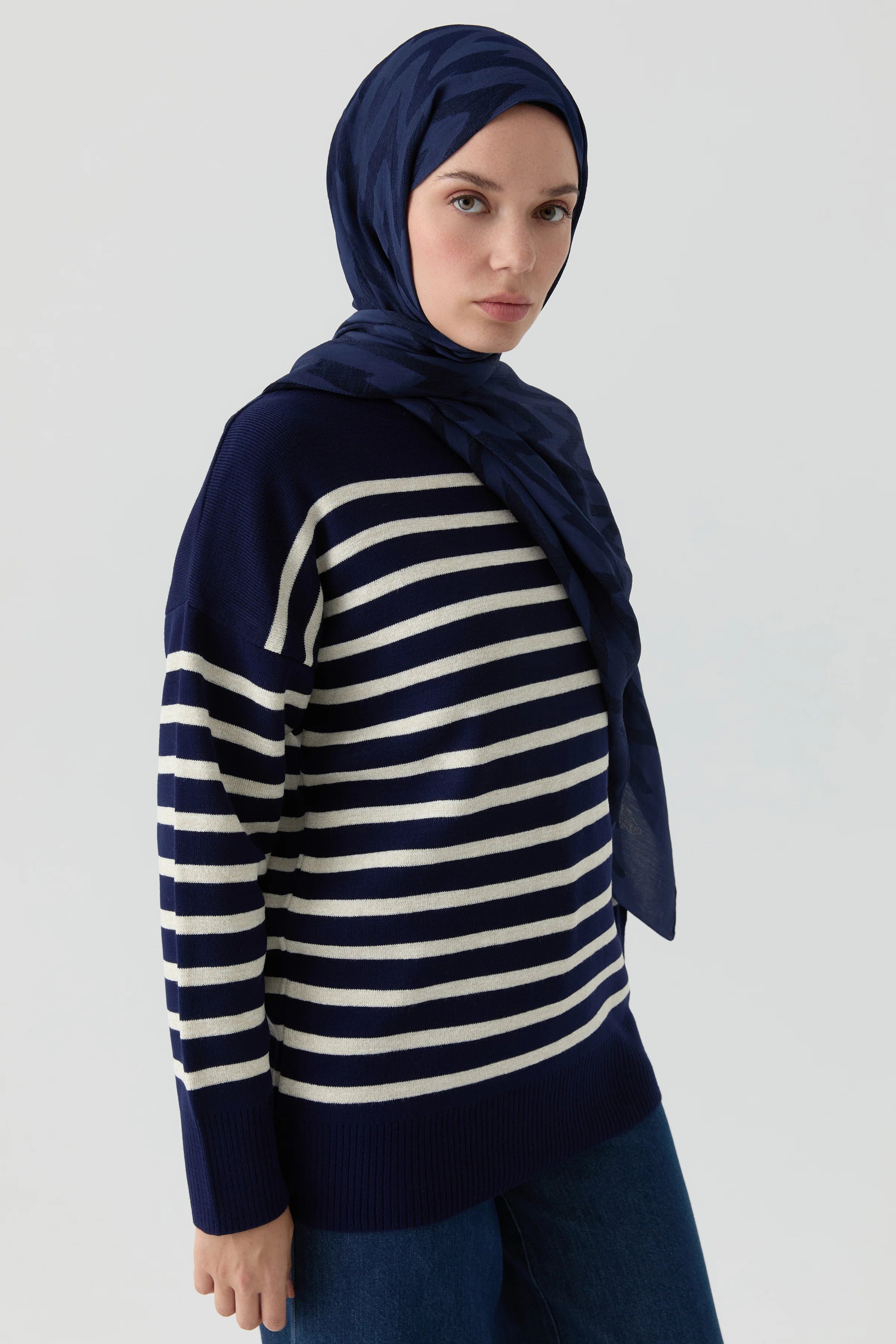 Sim İpli Çizgili Triko Tunik - Lacivert - Ekru TUGBA