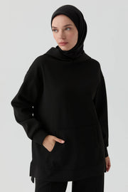 Kanguru Cepli Örme Sweat - Siyah TUGBA