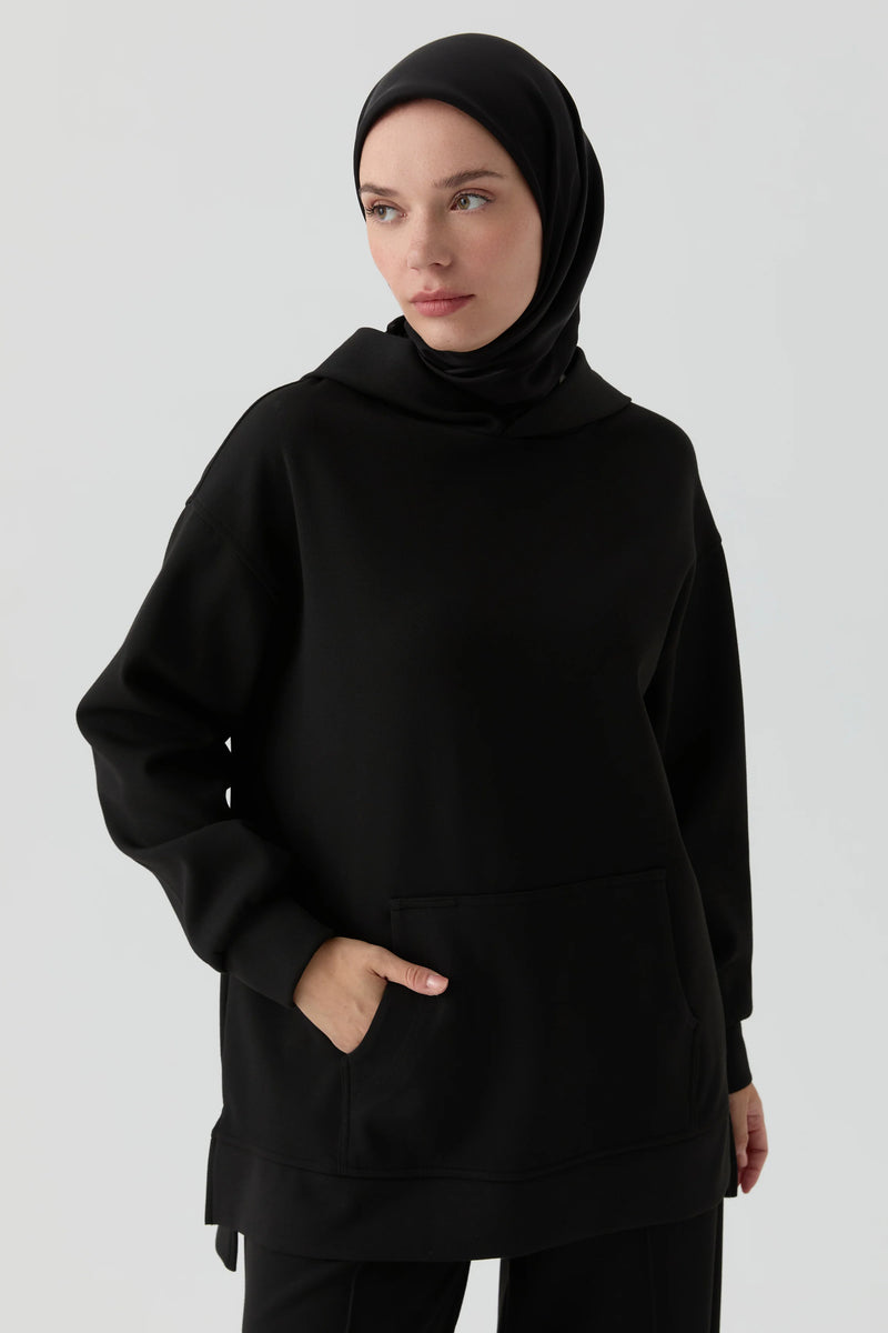 Kanguru Cepli Örme Sweat - Siyah TUGBA