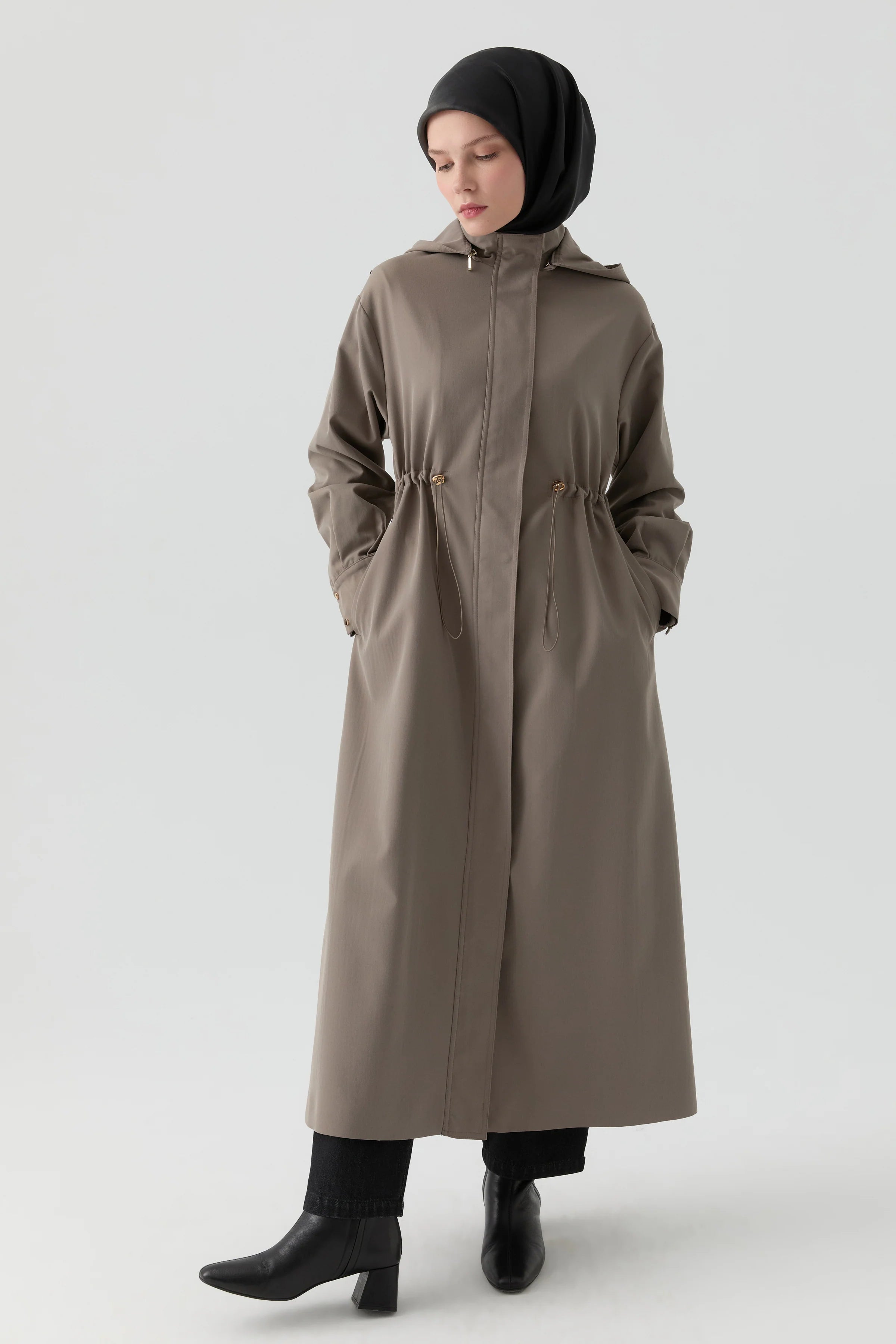 Yandan Çıtçıt Detaylı Pardesü - Vizon TUGBA