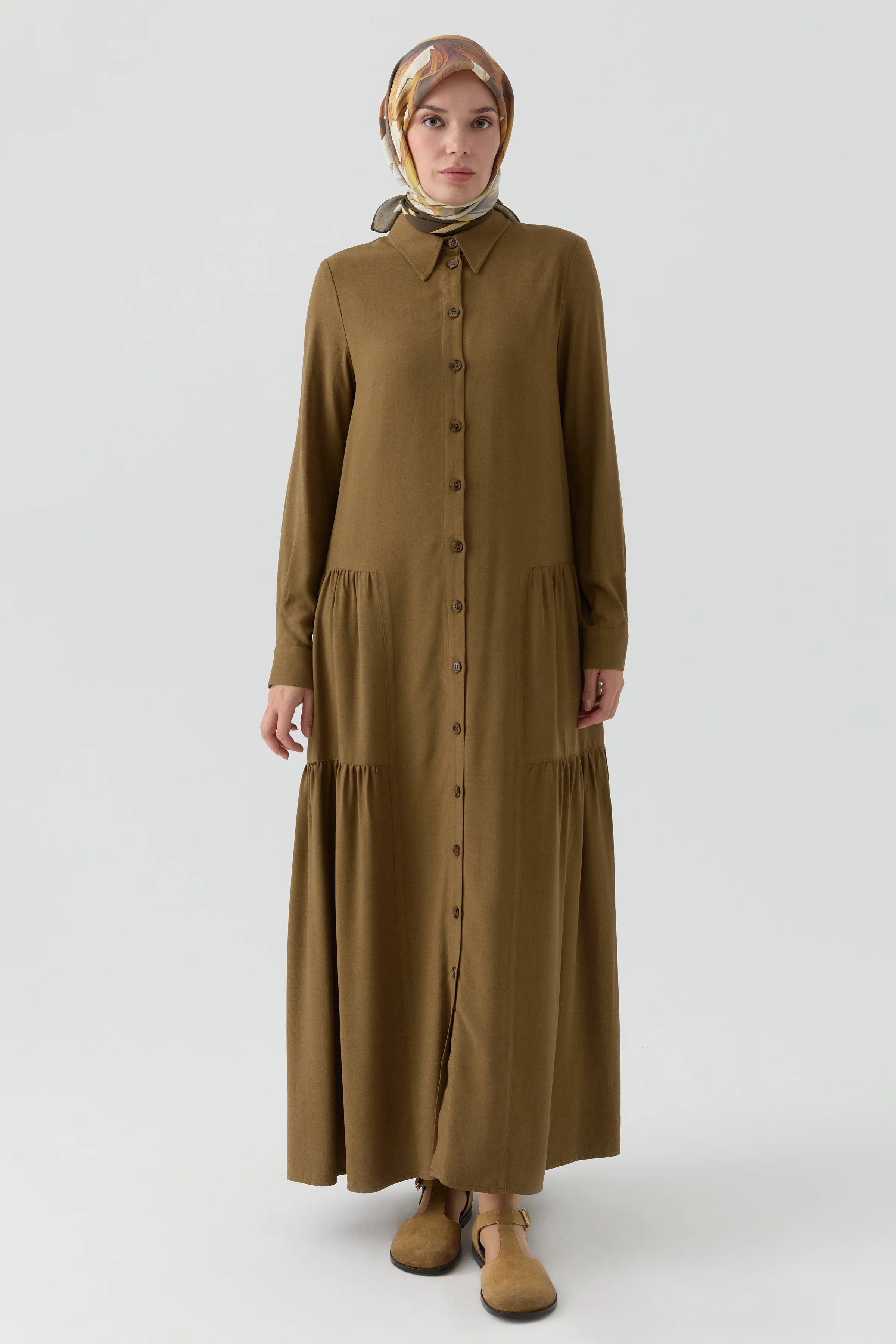 Büzgü Detaylı Elbise - Olive TUGBA