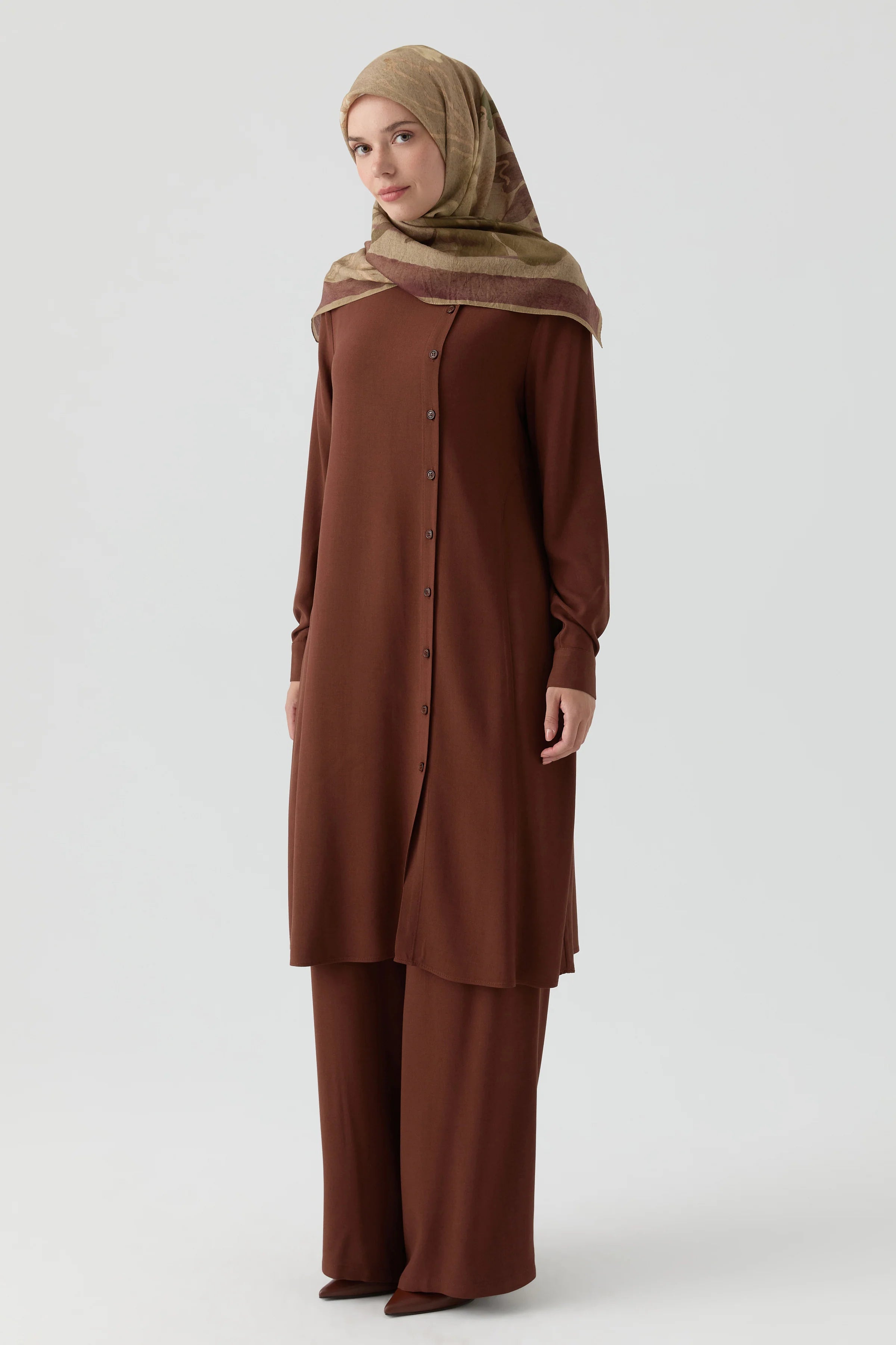 Yandan Düğmeli Tunik - Kahve TUGBA