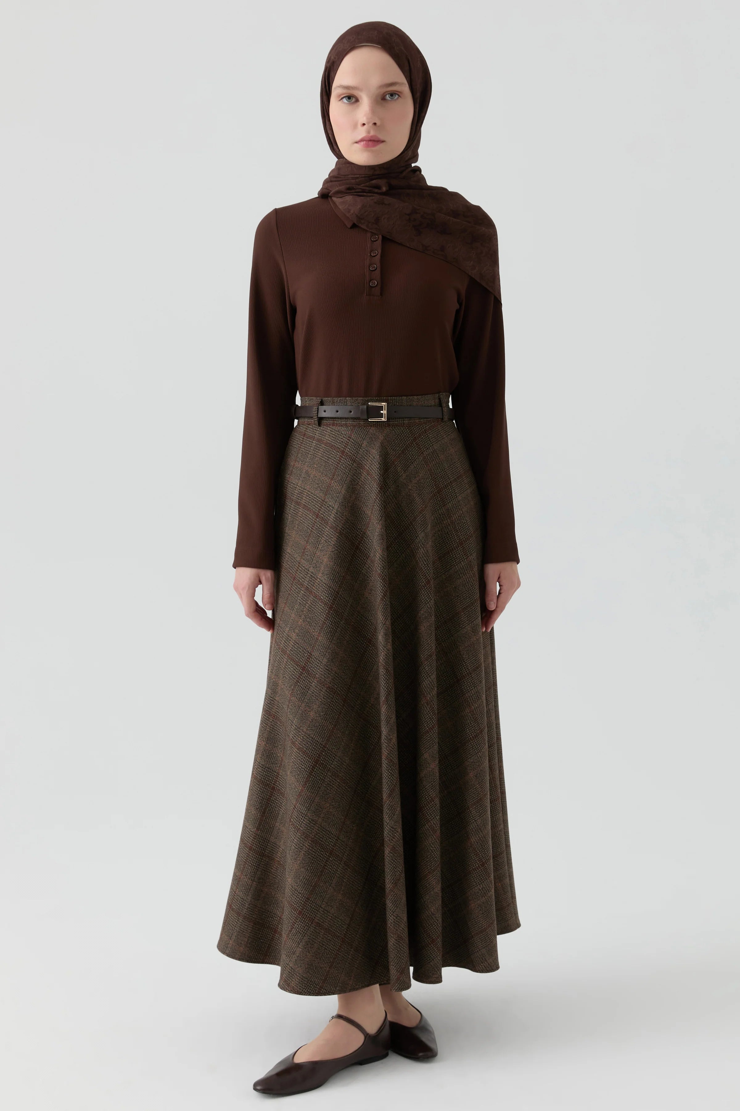 Ekose Desenli Etek - Kahve TUGBA