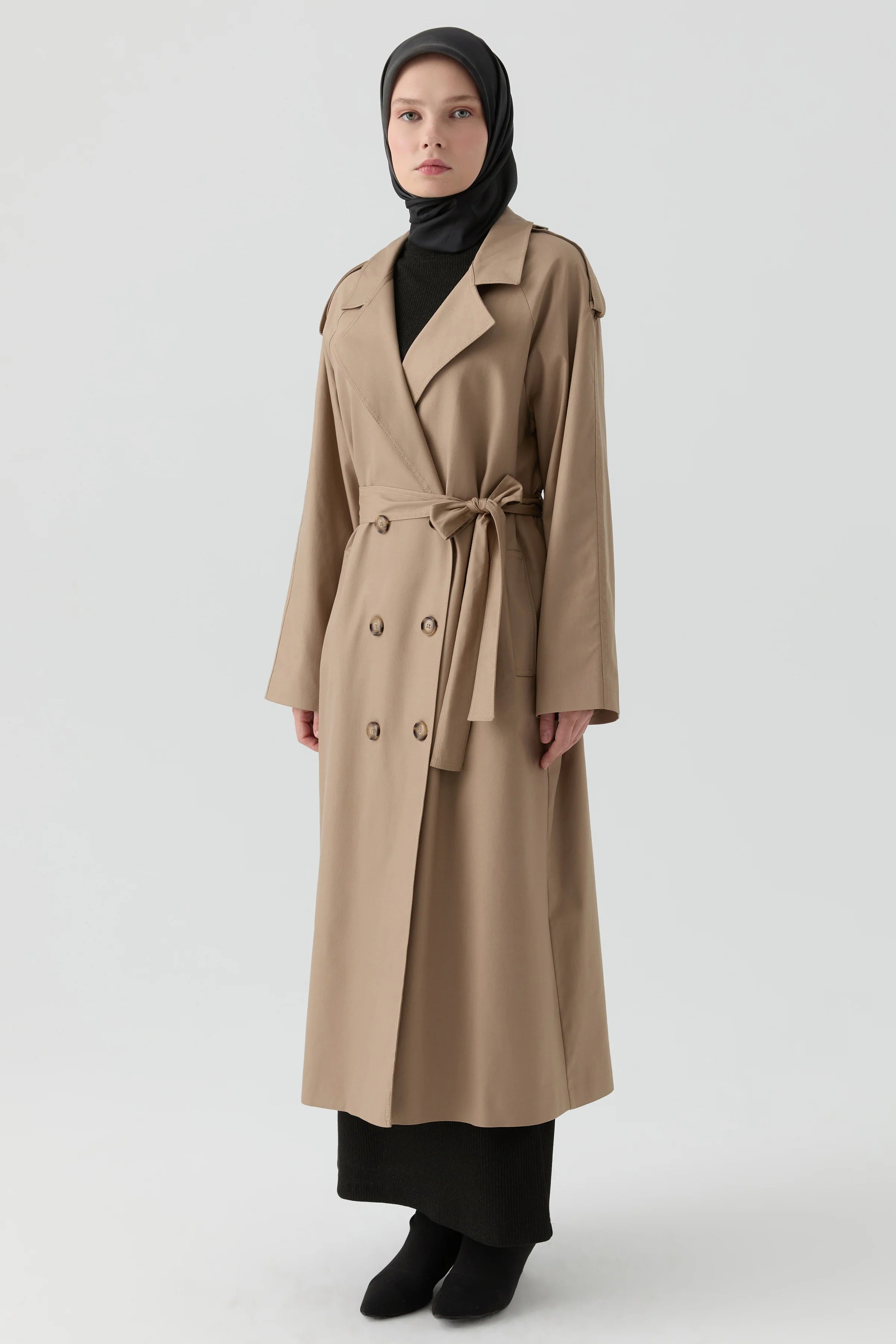 Apolet Detaylı Kruvaze Trençkot - Vizon TUGBA