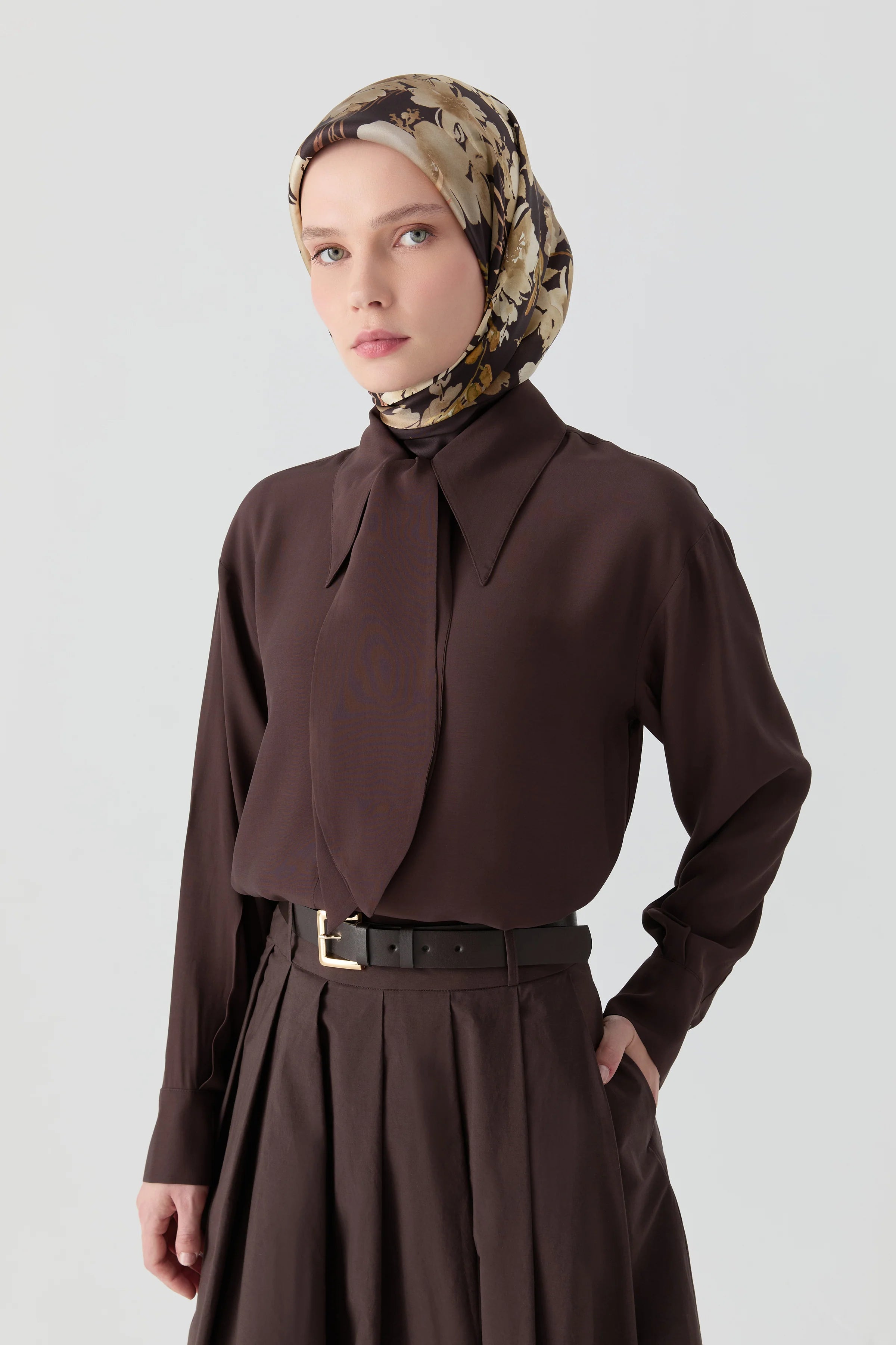 Fularlı Gömlek - Acı Kahve TUGBA