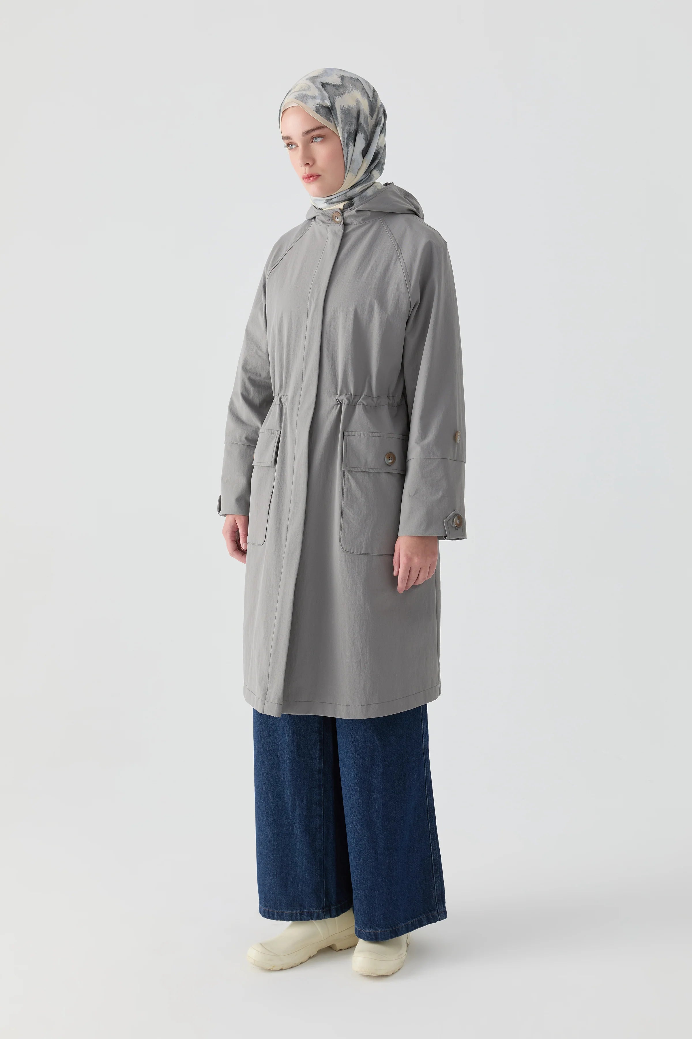 Duble Kol Bant Detaylı Kap - Gri TUGBA