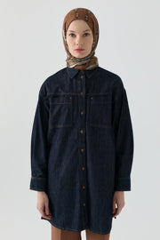 Simetrik Cep Detaylı Denim Tunik - Lacivert TUGBA