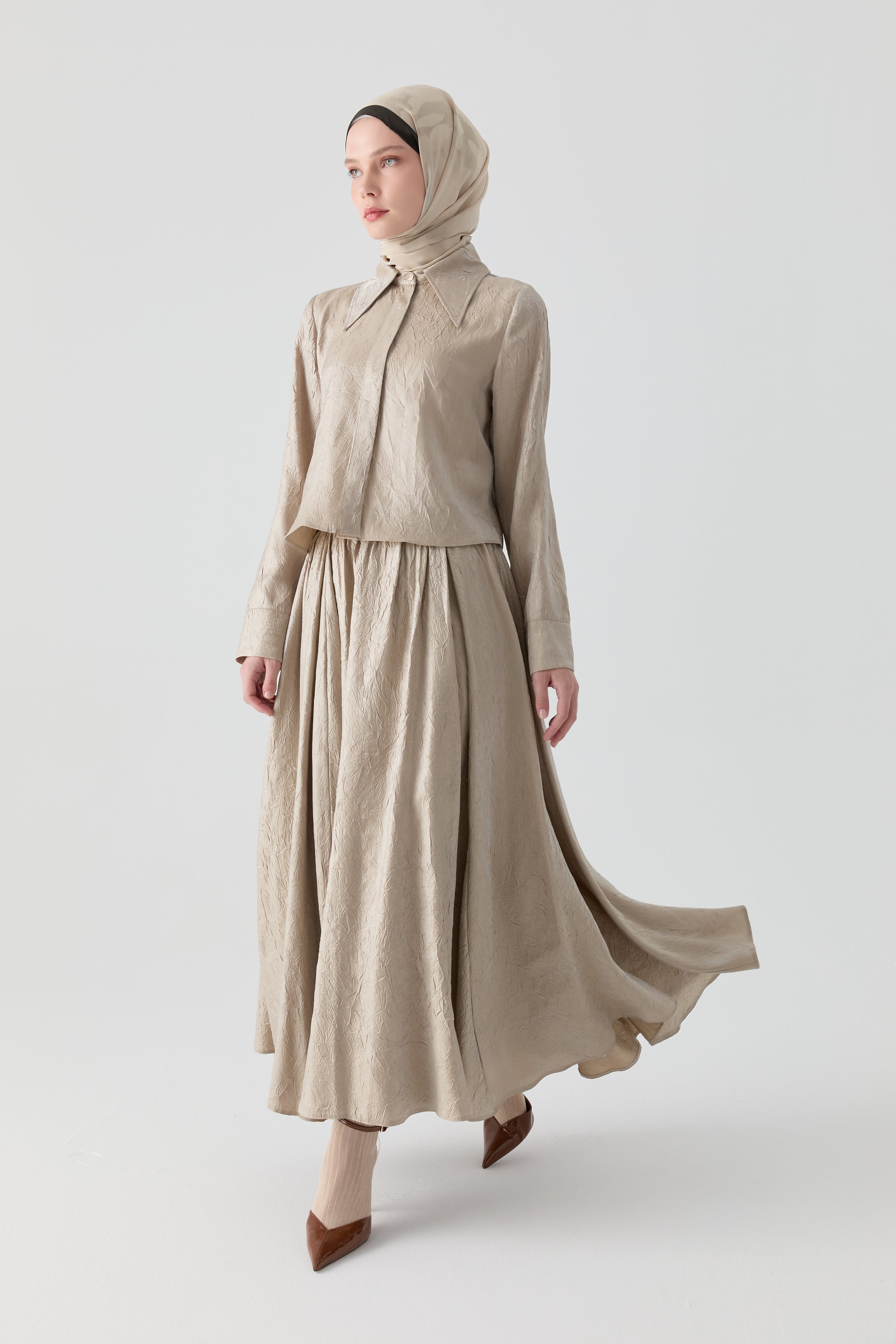 Kraş Etek Gömlek Takım - Vizon TUGBA