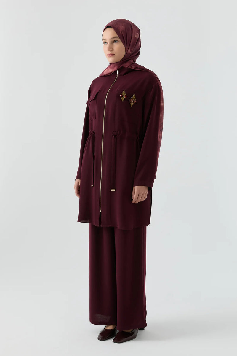Aplike Cep Detaylı Takım - Bordo TUGBA