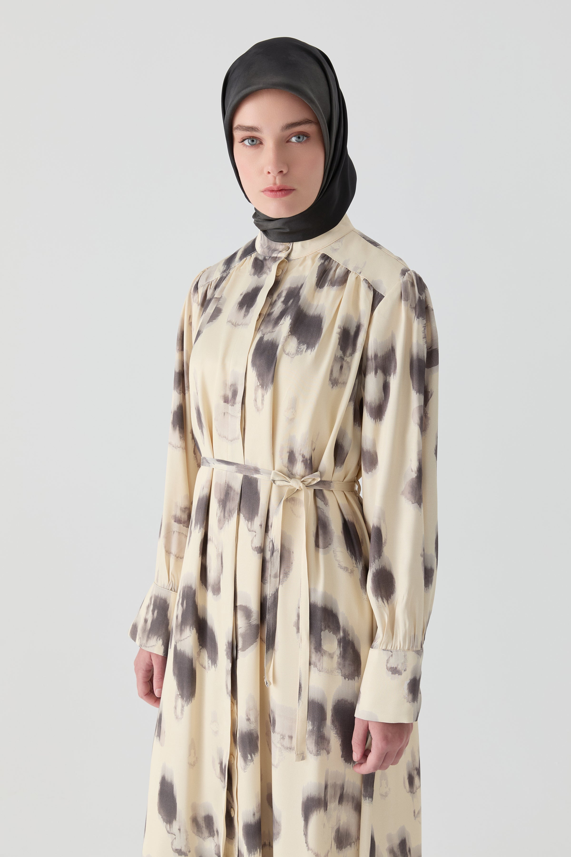 Fırça Desenli Elbise - Krem TUGBA