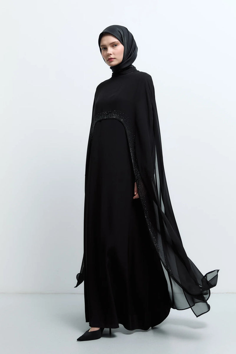 Taş Detaylı Abaya - Siyah TUĞBA