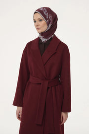 Yün Karışımlı Kuşaklı Kaban - Bordo TUGBA
